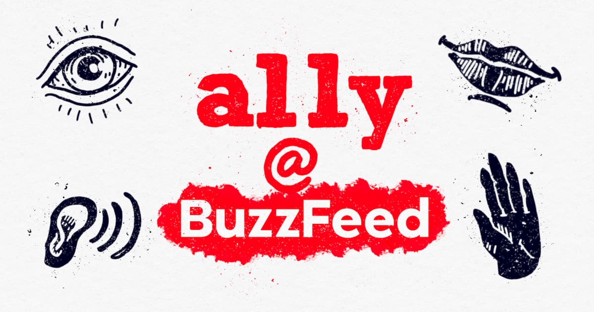 The words 'accessibility at BuzzFeed' surrounded by an illustrated eye, mouth, ear, and hand.