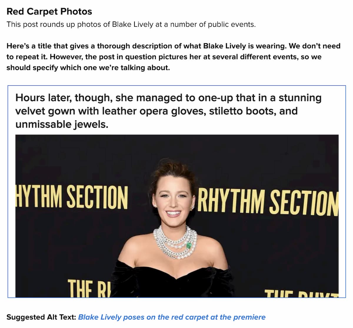 An image of Blake Lively on the red carpet with notes on how to describe the image for alt text.