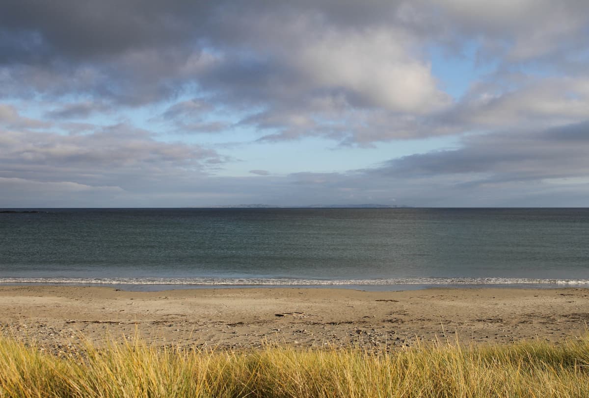 A sandy beach over a fringe of rough coastal grass