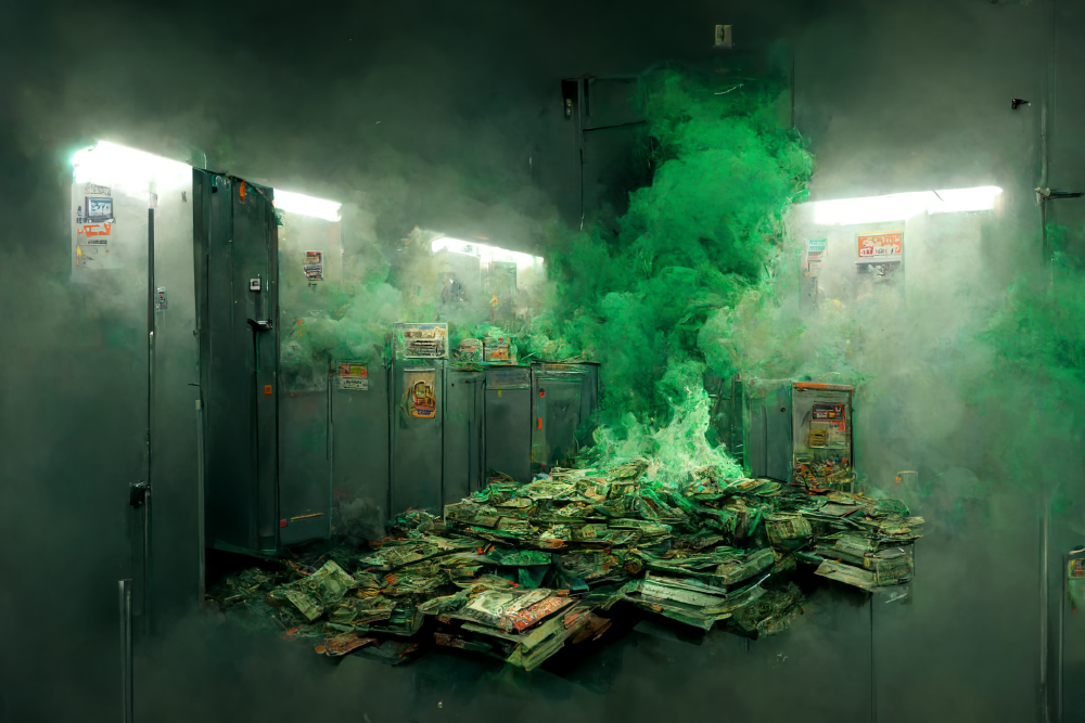 an illustration of money burning in a server room