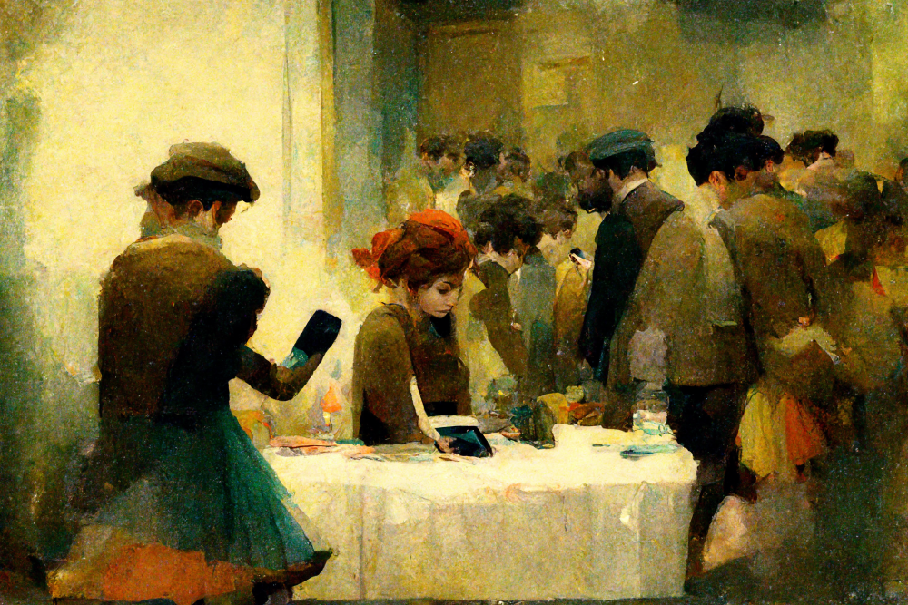 People on their phones painted in the style of Degas