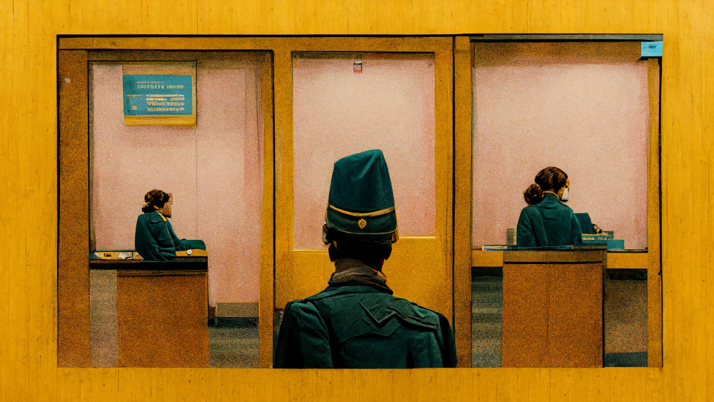 An illustration of an immigration office in the style of Wes Anderson