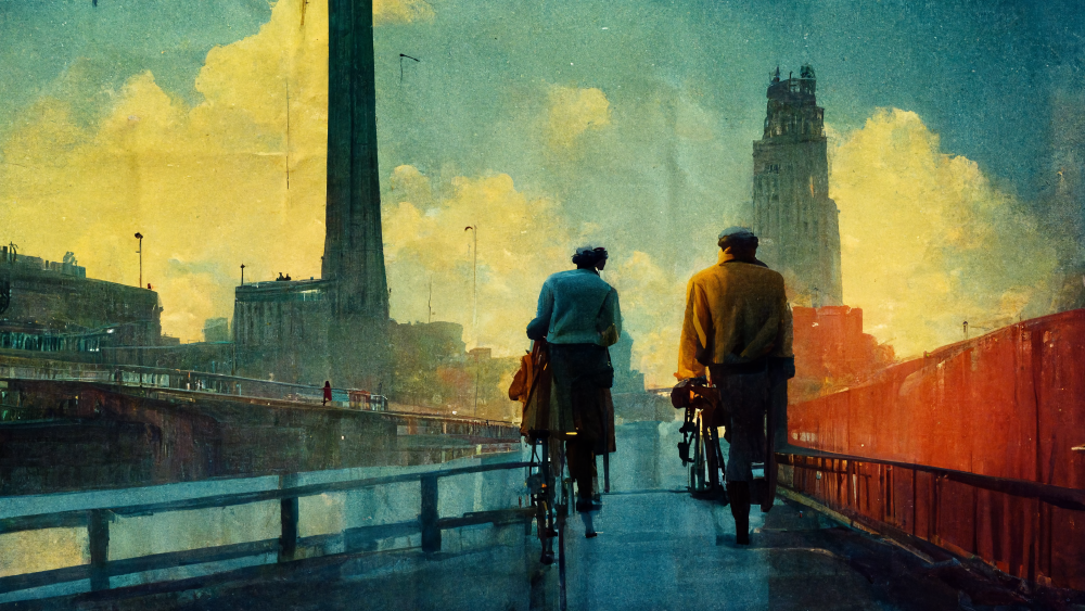 An illustration of people cycling over a bridge in a city