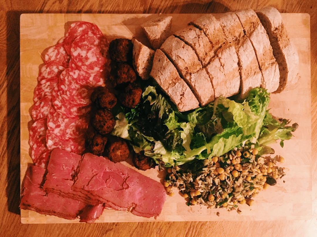 Dinner tonight: - Salami - Pastrami - Fresh white bread - Mixed salad - Middle Eastern Wild Rice Salad - Falafel