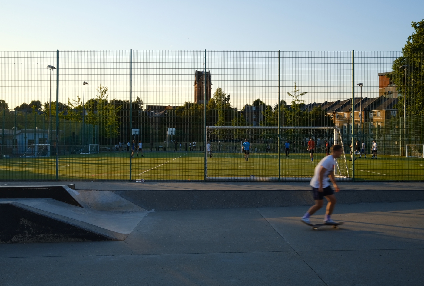 A skatepark at sunset