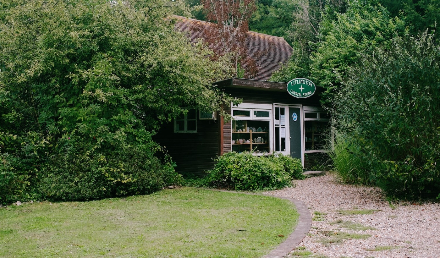 A small shop in between green trees