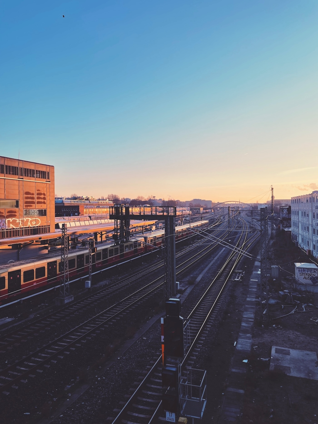 A sunrise over train tracks in central Berlin