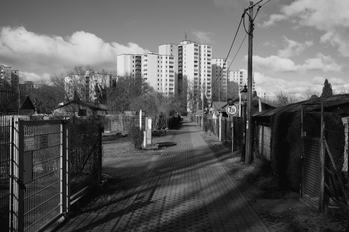 A set of modernist towerblocks at the end a path of kleingarten