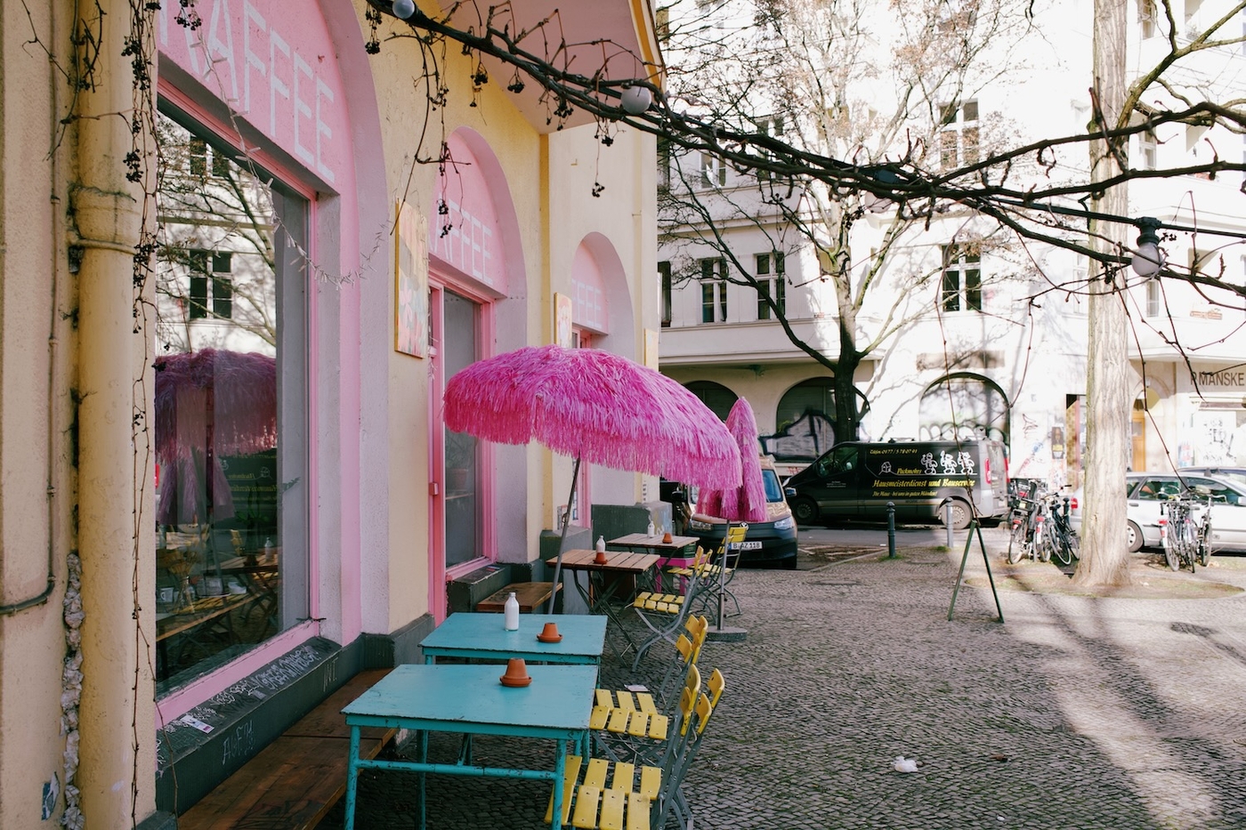 A brightly coloured café on the streetside in Berlin