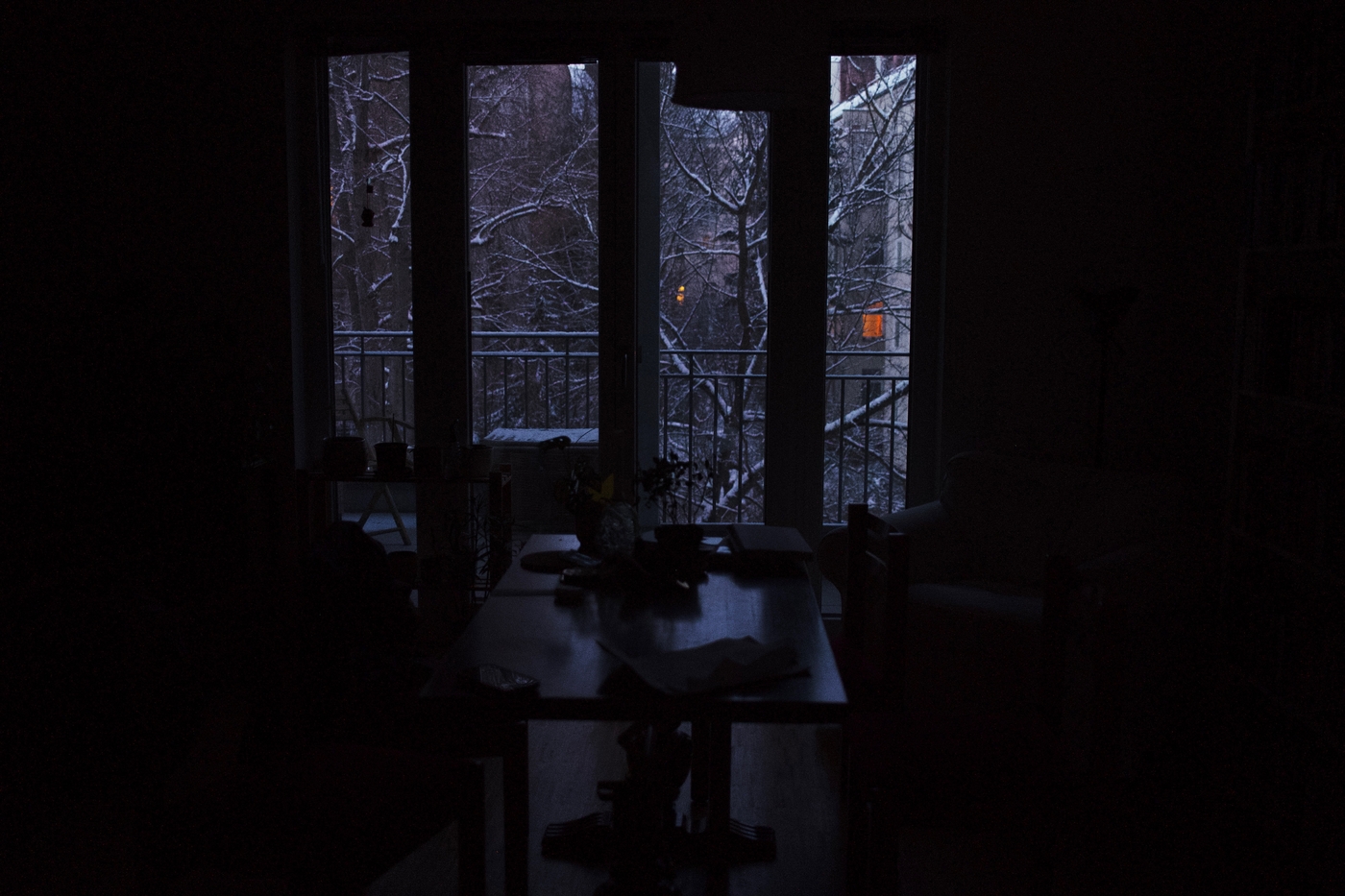 A frozen courtyard visible out the back windows of a dark apartment