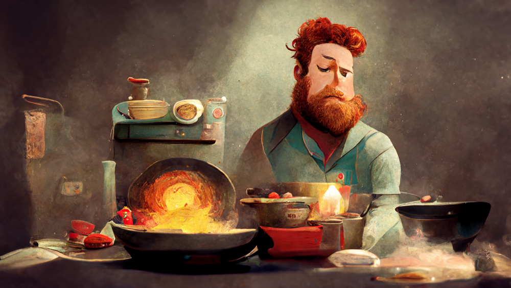 A painterly image of a ginger man cooking