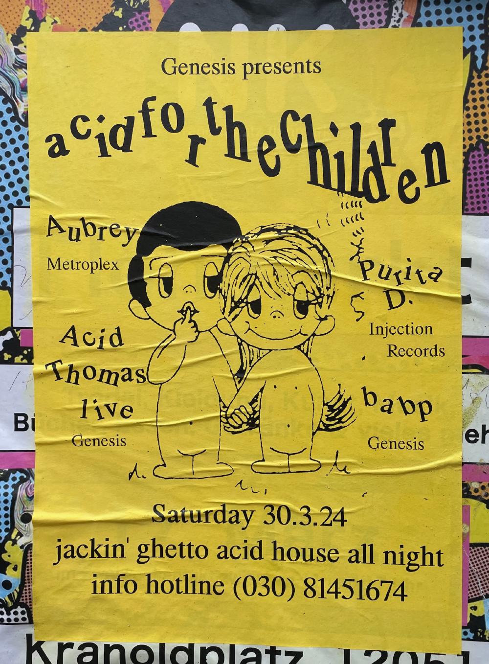 Acid for the children, drawing of children on yellow background