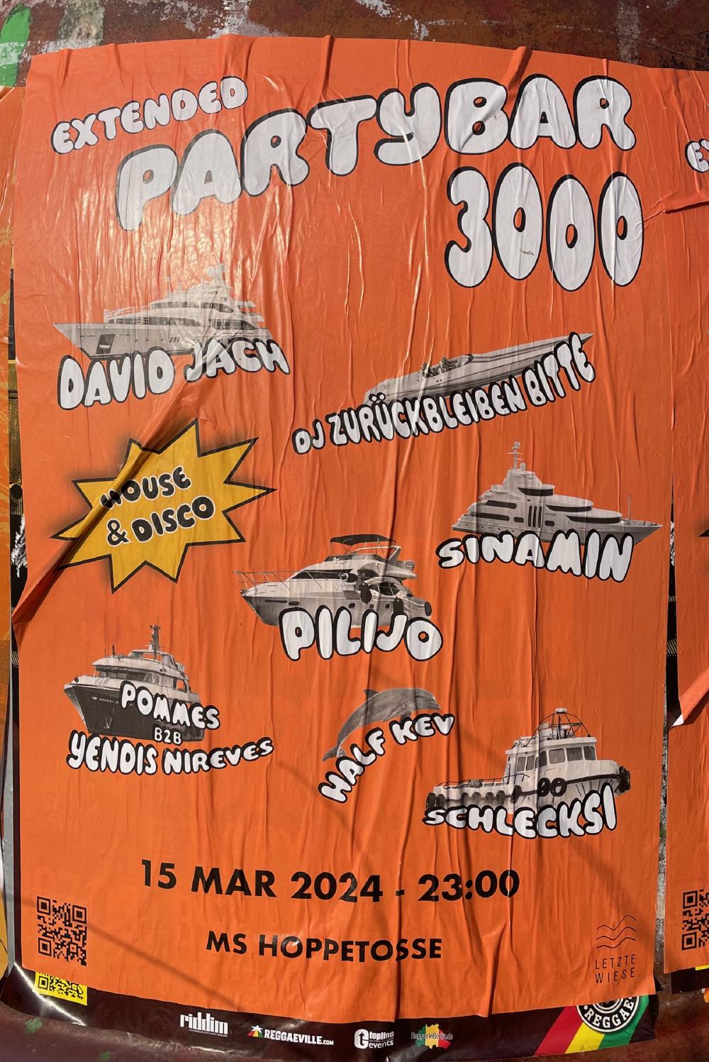 Pictures of boats on an orange poster