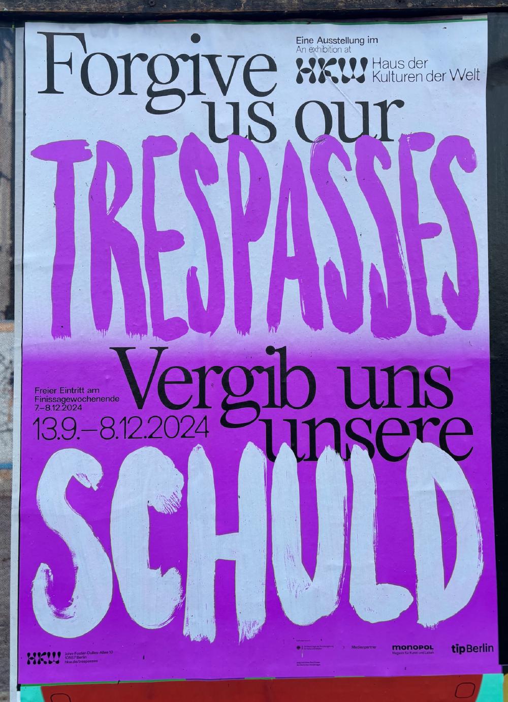 Forgive us our trespasses, hand-painted purple text