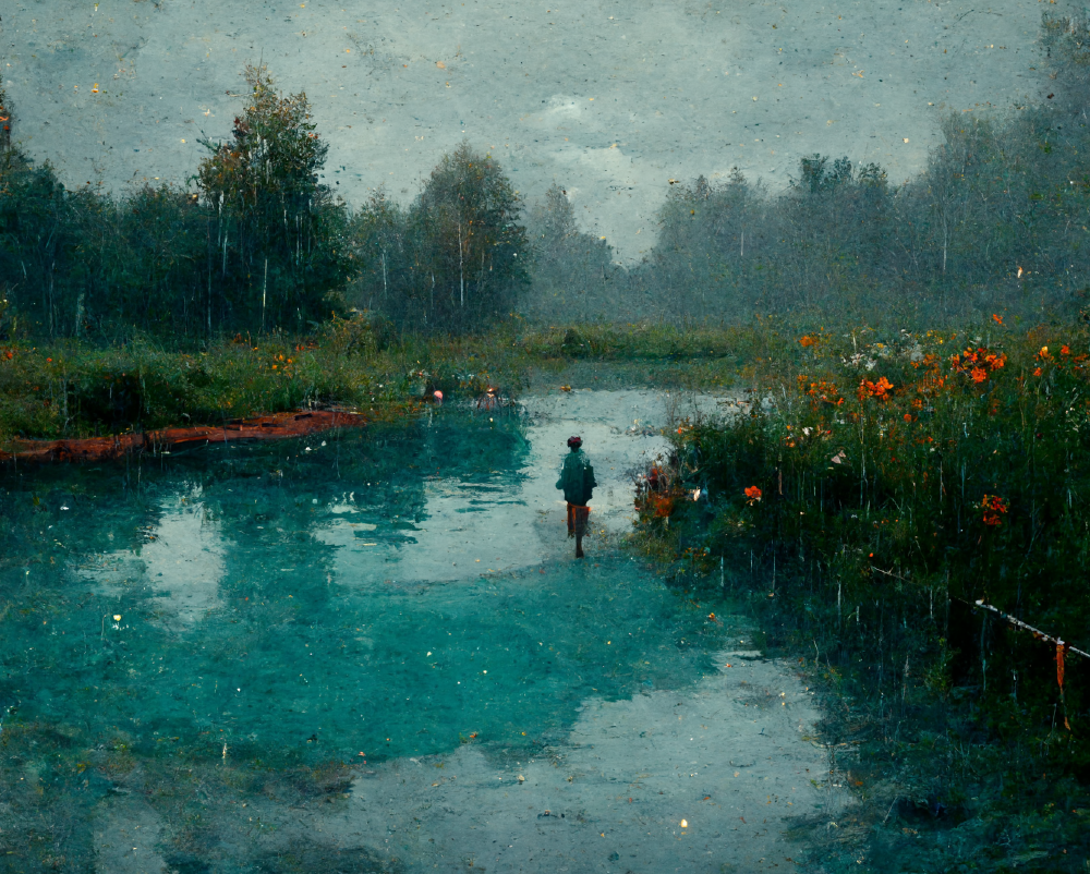 A painterly image of a pond in the rain