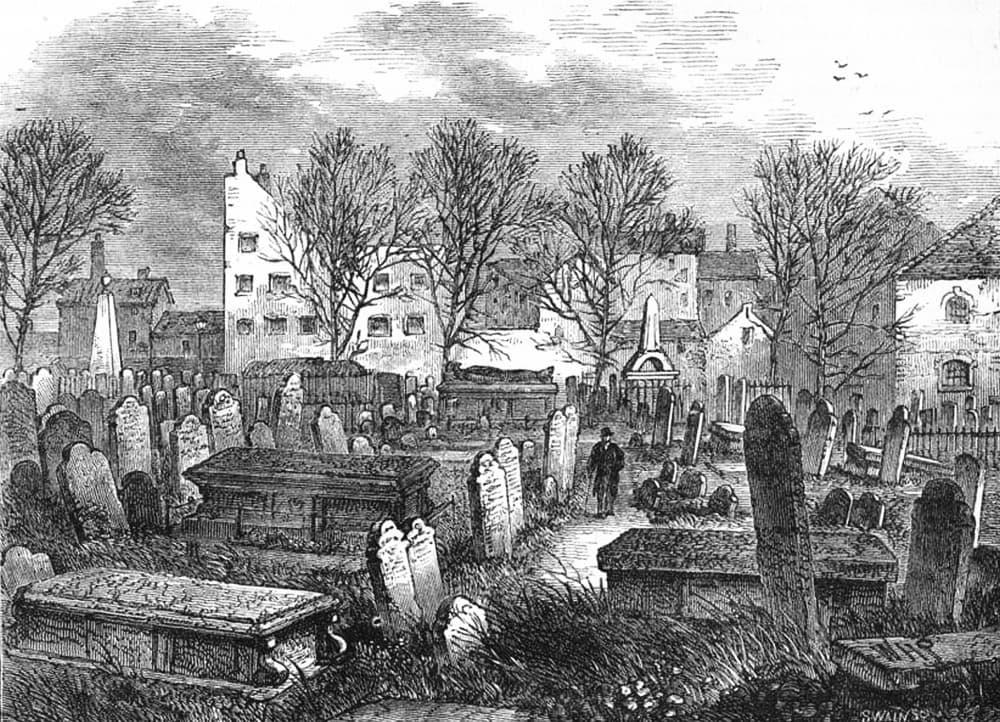 Etching of a figure in a cemetary